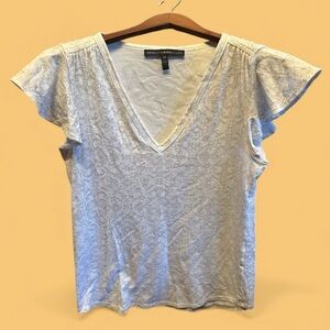 White House Black Market White Gold Shimmer Design V-Neck Top Flutter Sleeve Top